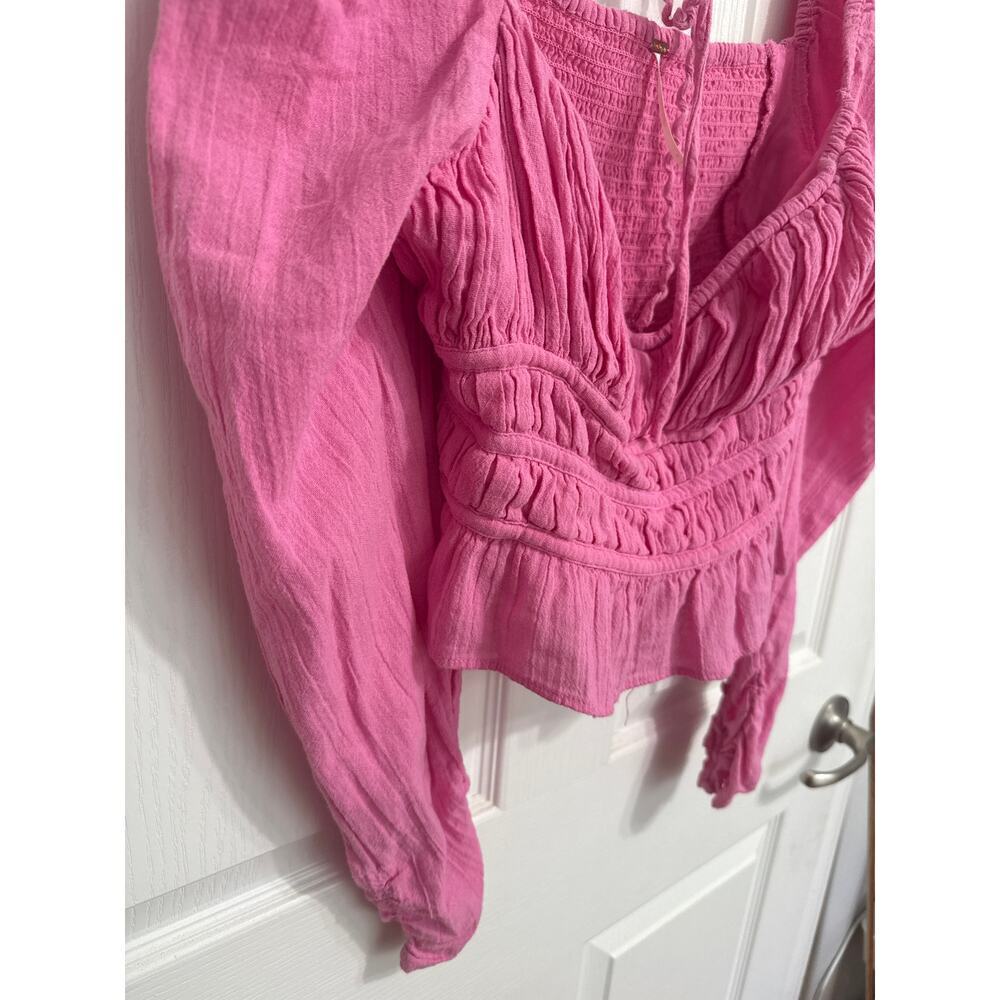 Free People Chole Cropped Top Blouse Ruffle Puffed Sleeves Smocked Pink Medium - Picture 4 of 10
